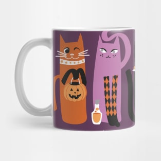 High Gothic Halloween Cats // print // purple background orange grey purple white and black kittens Mug